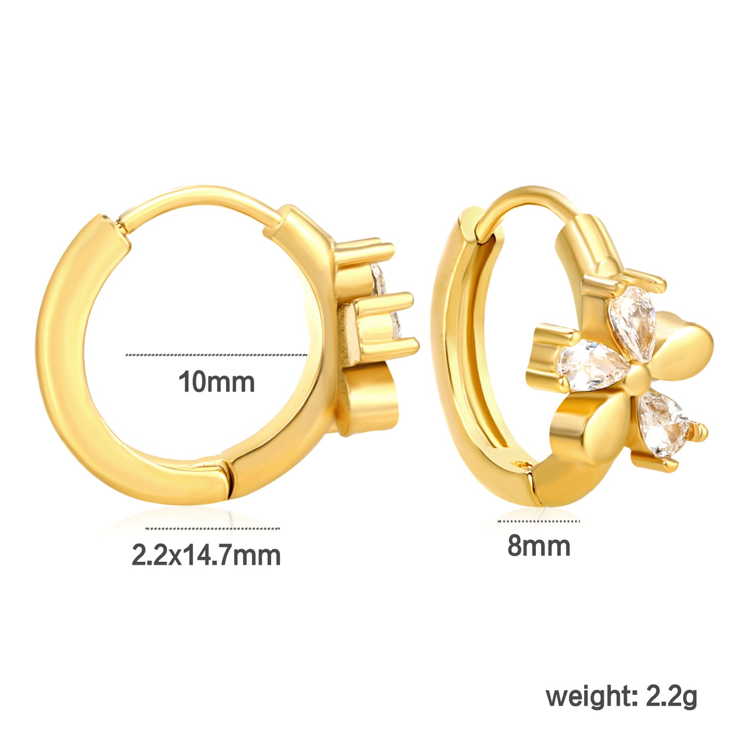 Bulk 18K Gold Plated Delicate Triple Stone Flower Hoop Earringsdimension diagram with measurements