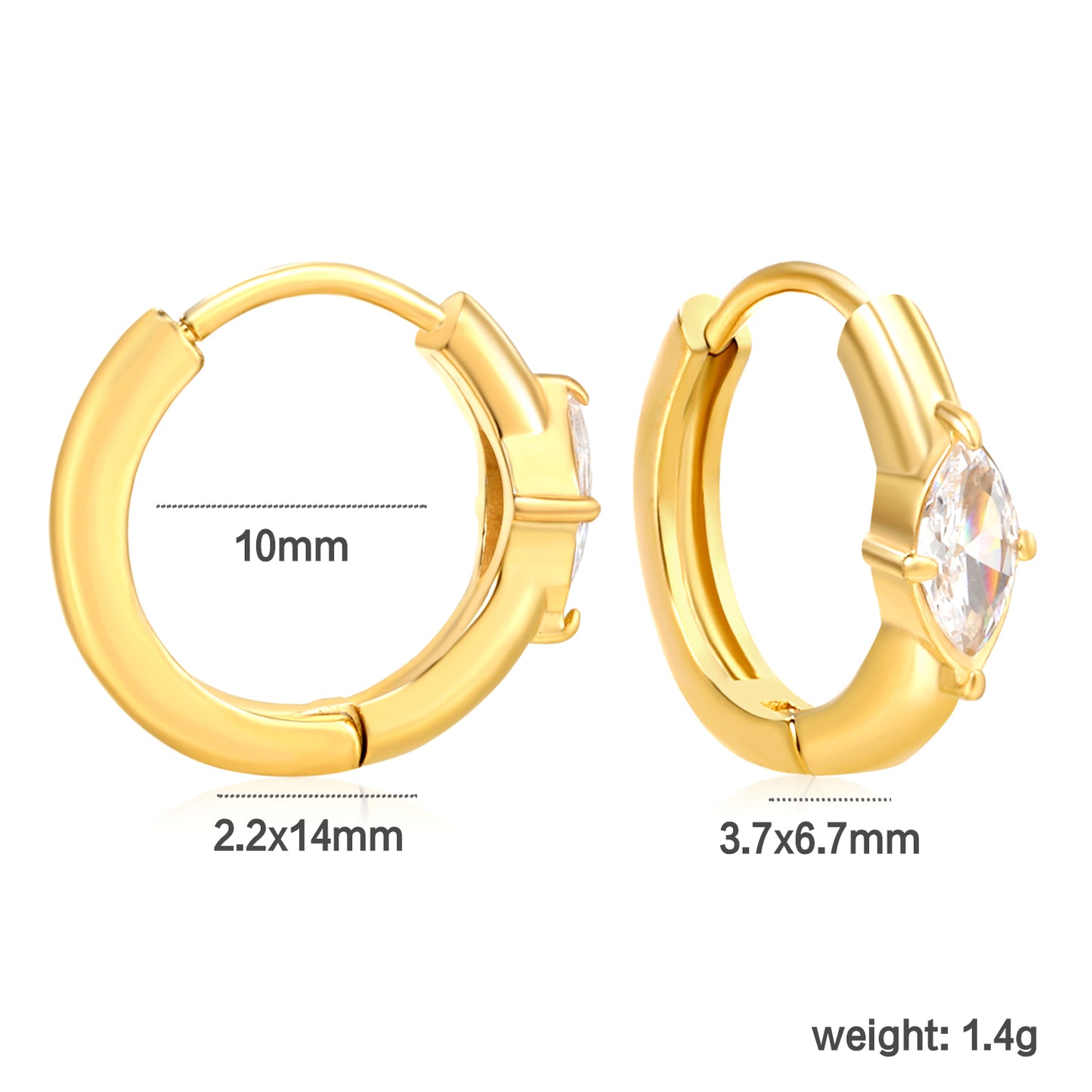 Bulk 18K Gold Plated Luxe Diamond Zircon Hoop Earringsdimension diagram with measurements