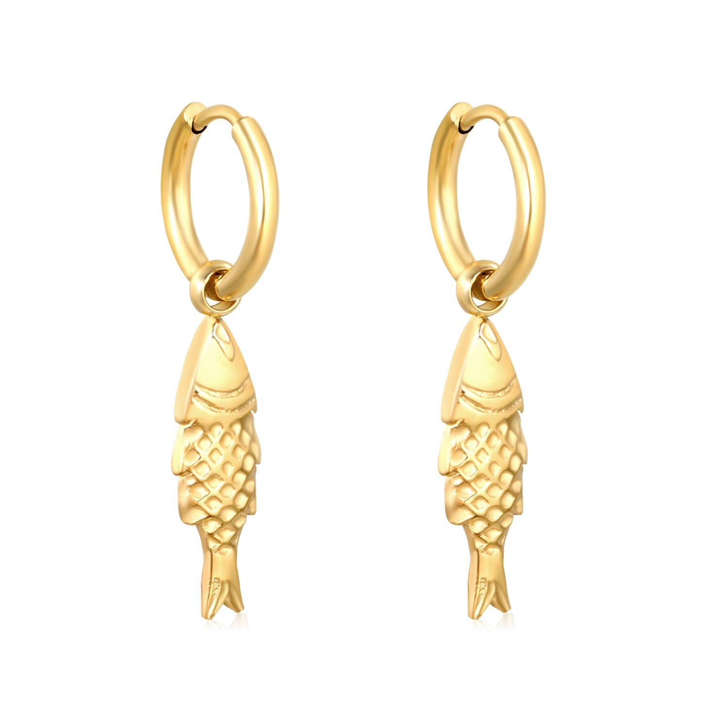 Bulk 18K Gold Plated Luxe Fish Charm Hoop EarringsHigh-resolution on white background