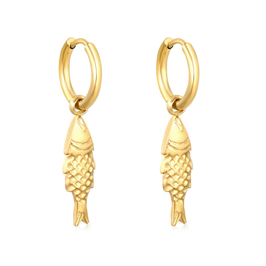 Bulk 18K Gold Plated Luxe Fish Charm Hoop EarringsHigh-resolution on white background