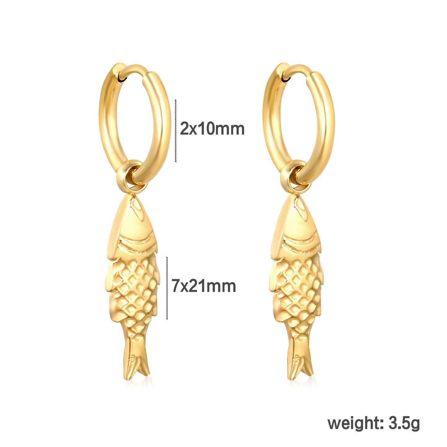 Bulk 18K Gold Plated Luxe Fish Charm Hoop Earringsdimension diagram with measurements