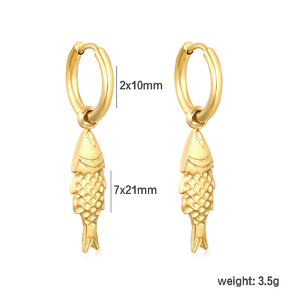 Bulk 18K Gold Plated Luxe Fish Charm Hoop Earringsdimension diagram with measurements