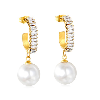Bulk 18K Gold Plated Luxe Pearl C-Zircon Stud EarringsHigh-resolution on white background