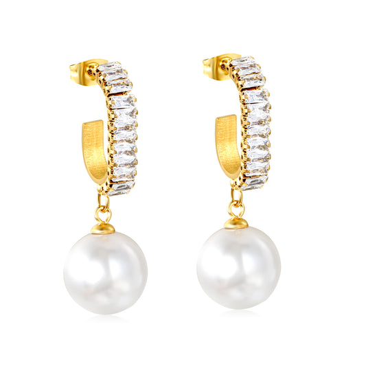 Bulk 18K Gold Plated Luxe Pearl C-Zircon Stud EarringsHigh-resolution on white background