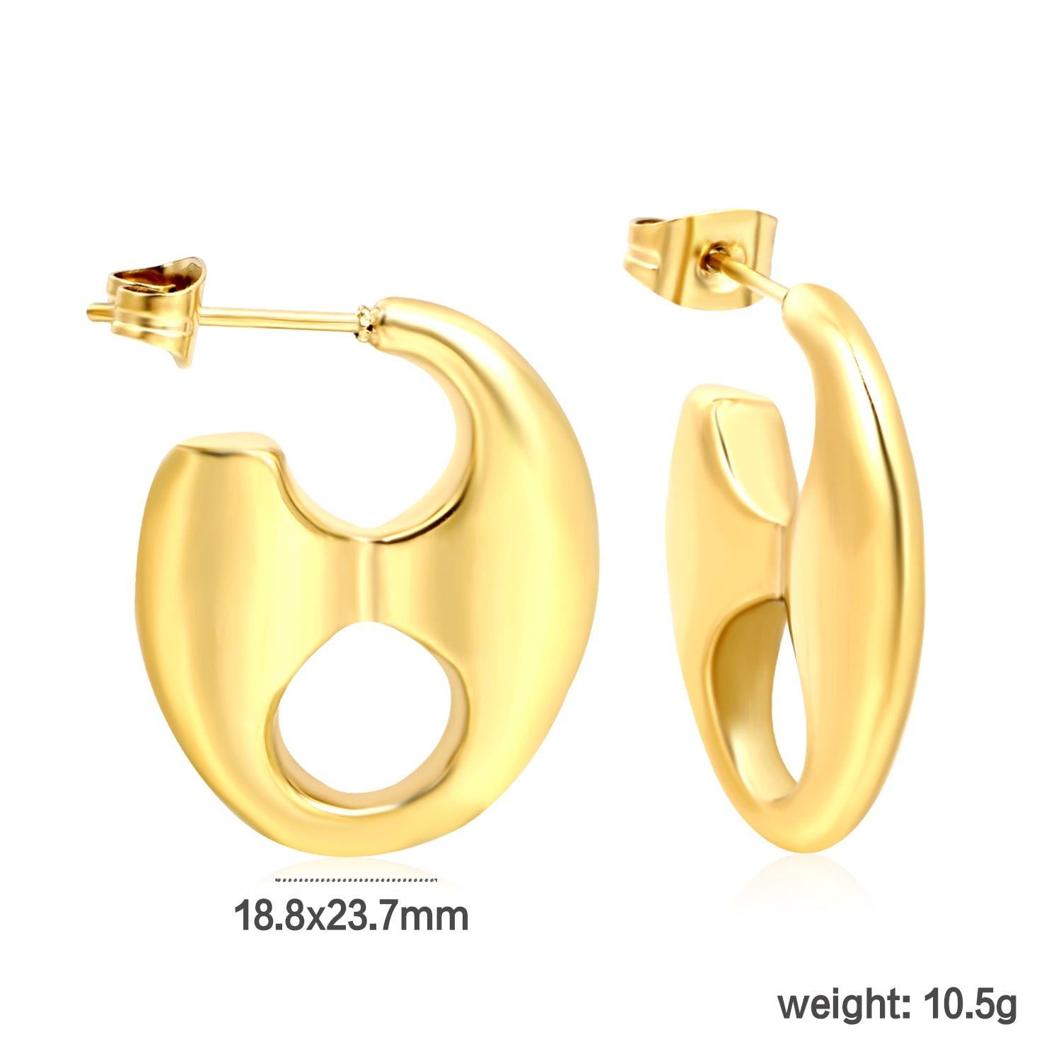 Bulk 18K Gold Plated Modern Pig Nose Open Stud Earringsdimension diagram with measurements