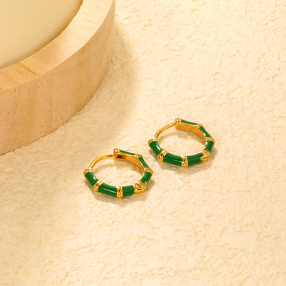 Bulk 18K Gold Plated Natural Green Enamel Bamboo EarringsClose-up of the light-colored ambiance