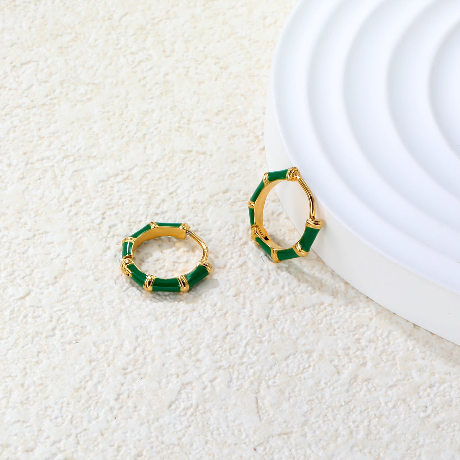 Bulk 18K Gold Plated Natural Green Enamel Bamboo EarringsClose-ups of the gold plating and details
