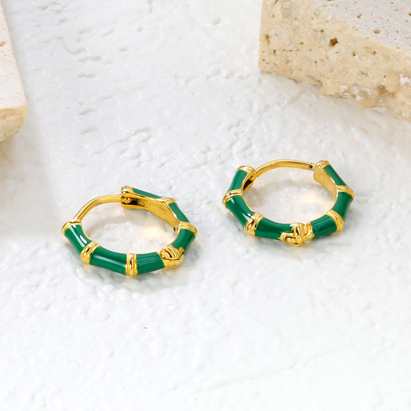 Bulk 18K Gold Plated Natural Green Enamel Bamboo EarringsHigh-resolution Lifestyle Photos