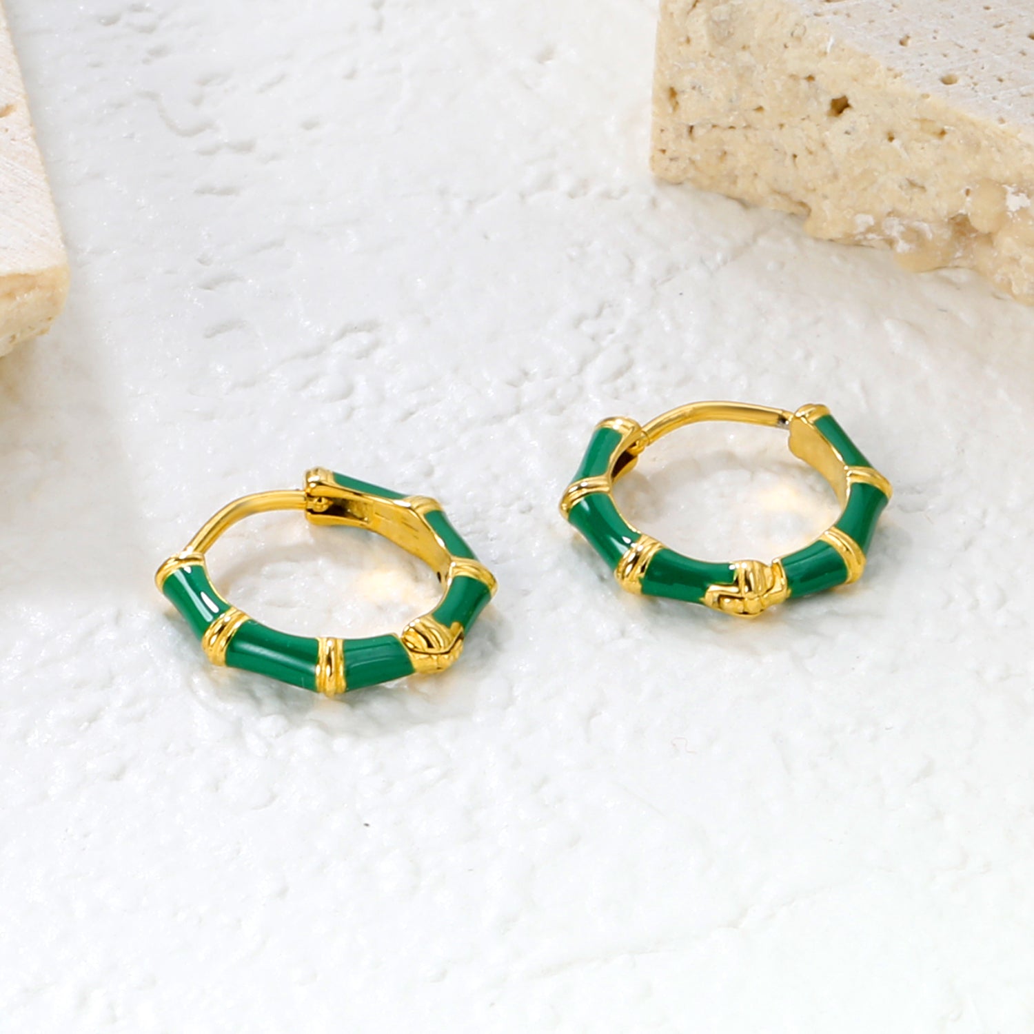 Bulk 18K Gold Plated Natural Green Enamel Bamboo EarringsHigh-resolution Lifestyle Photos