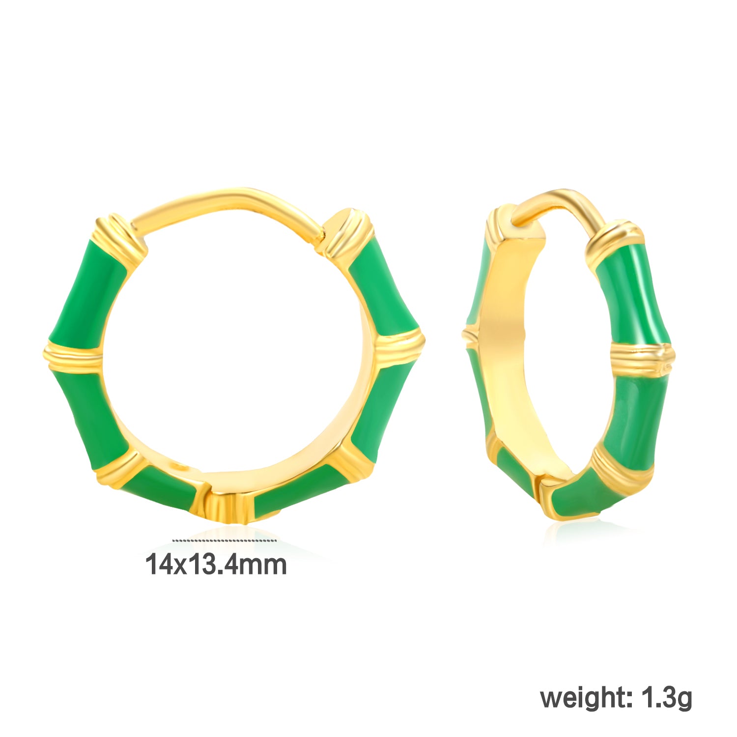 Bulk 18K Gold Plated Natural Green Enamel Bamboo Earringsdimension diagram with measurements
