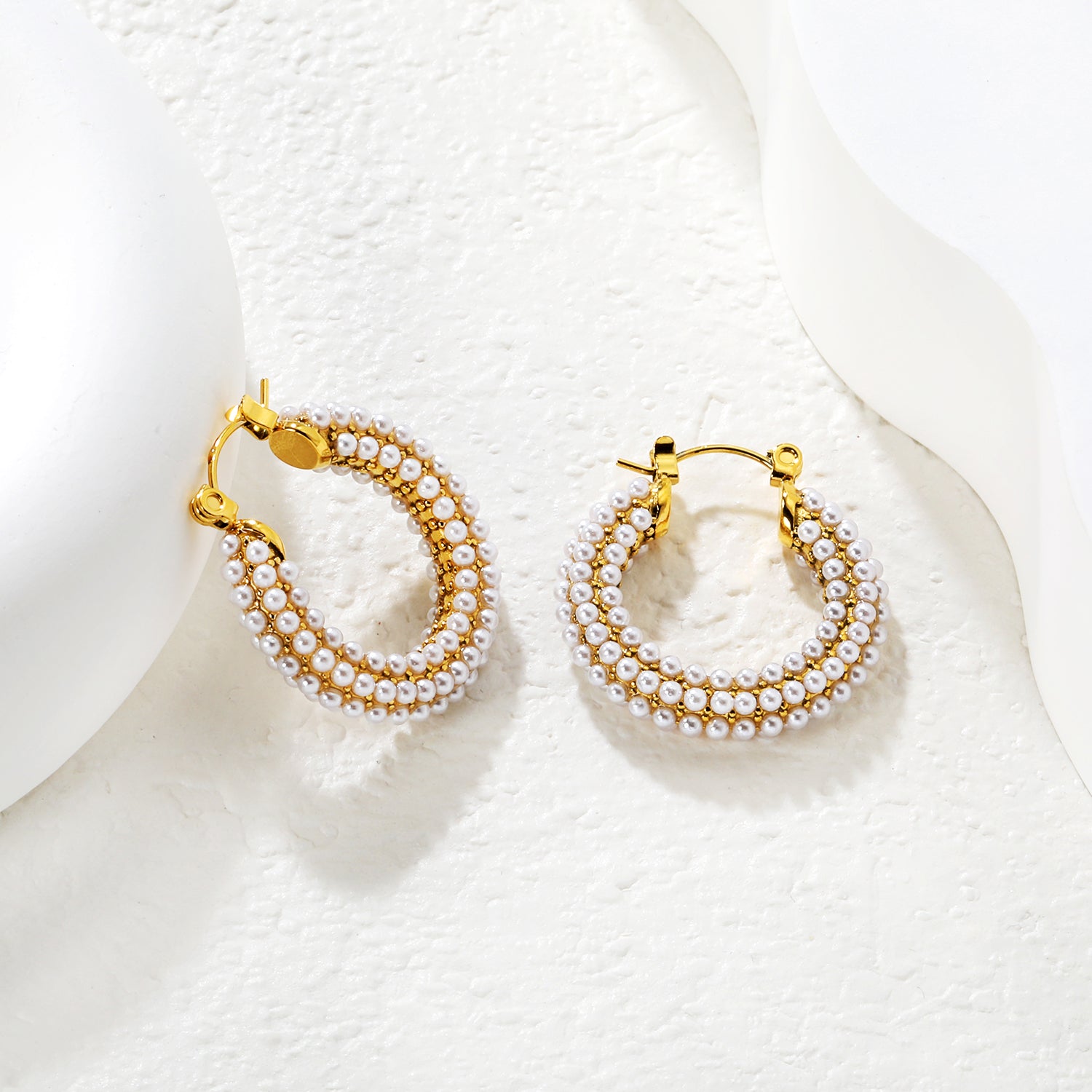 Bulk Buy 18K Gold Plated Pearl Hoop Earrings Double Row Waterproof DesignHigh-resolution Lifestyle Photos