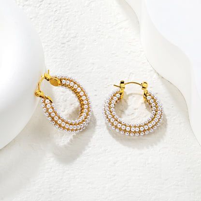 Bulk Buy 18K Gold Plated Pearl Hoop Earrings Double Row Waterproof DesignHigh-resolution Lifestyle Photos
