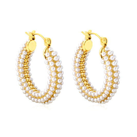 Bulk Buy 18K Gold Plated Pearl Hoop Earrings Double Row Waterproof DesignHigh-resolution on white background
