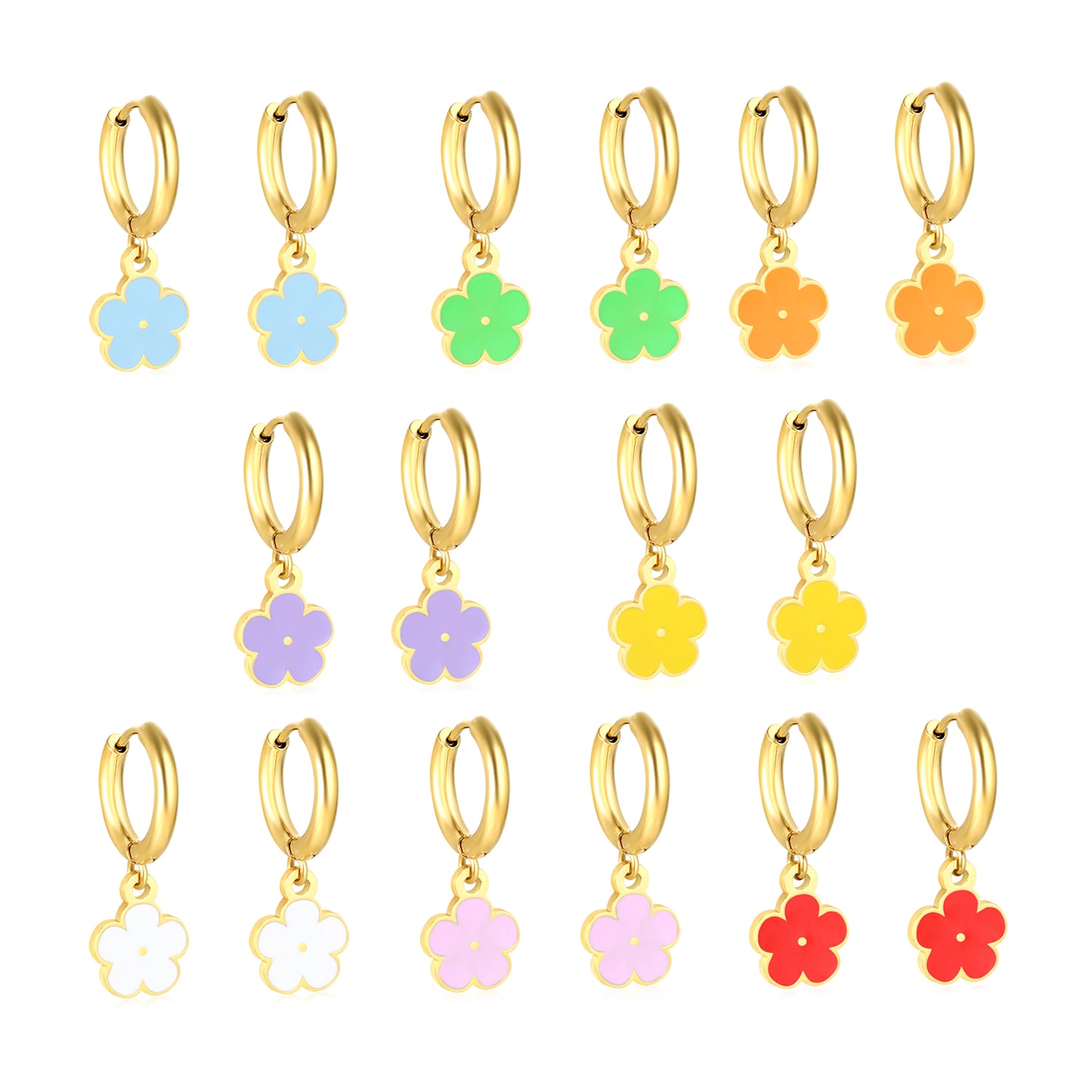 Bulk Colorful Enamel Flower Charm Earrings 18K PVD Gold WaterproofHigh-resolution on white background
