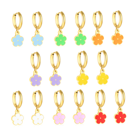 Bulk Colorful Enamel Flower Charm Earrings 18K PVD Gold WaterproofHigh-resolution on white background
