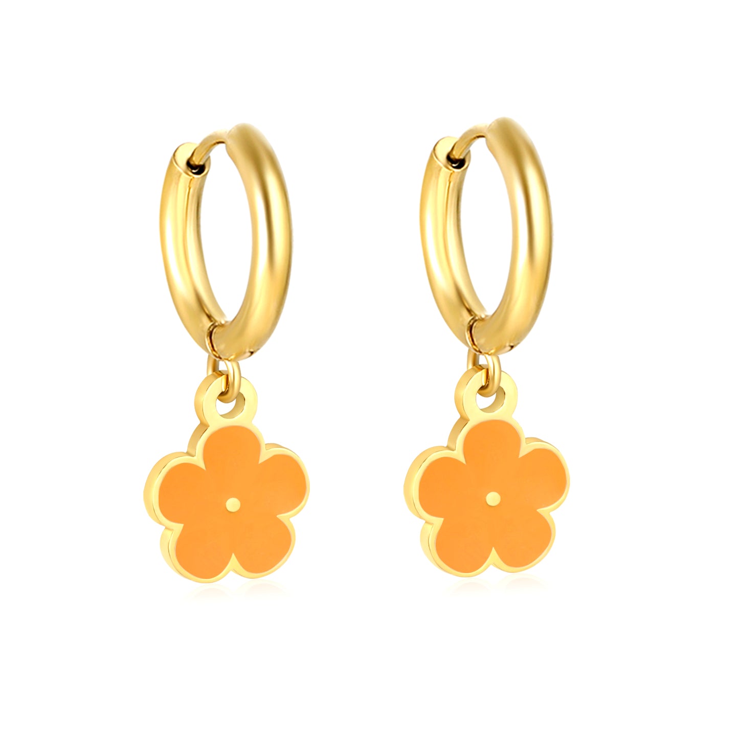 Bulk Colorful Enamel Flower Charm Earrings 18K PVD Gold WaterproofHigh-resolution on white background_Orange