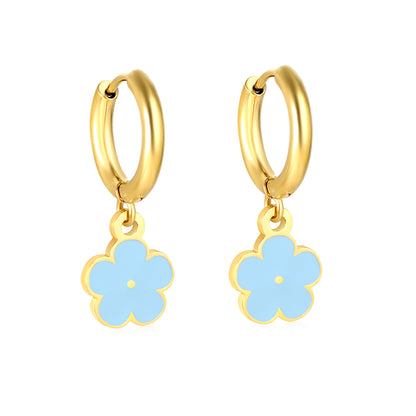 Bulk Colorful Enamel Flower Charm Earrings 18K PVD Gold WaterproofHigh-resolution on white background_blue