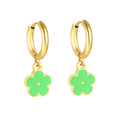 Bulk Colorful Enamel Flower Charm Earrings 18K PVD Gold WaterproofHigh-resolution on white background_green