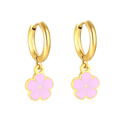 Bulk Colorful Enamel Flower Charm Earrings 18K PVD Gold WaterproofHigh-resolution on white background_pink