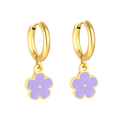 Bulk Colorful Enamel Flower Charm Earrings 18K PVD Gold WaterproofHigh-resolution on white background_purple