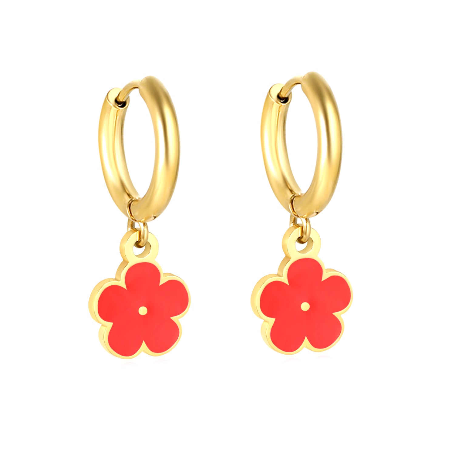 Bulk Colorful Enamel Flower Charm Earrings 18K PVD Gold WaterproofHigh-resolution on white background_red