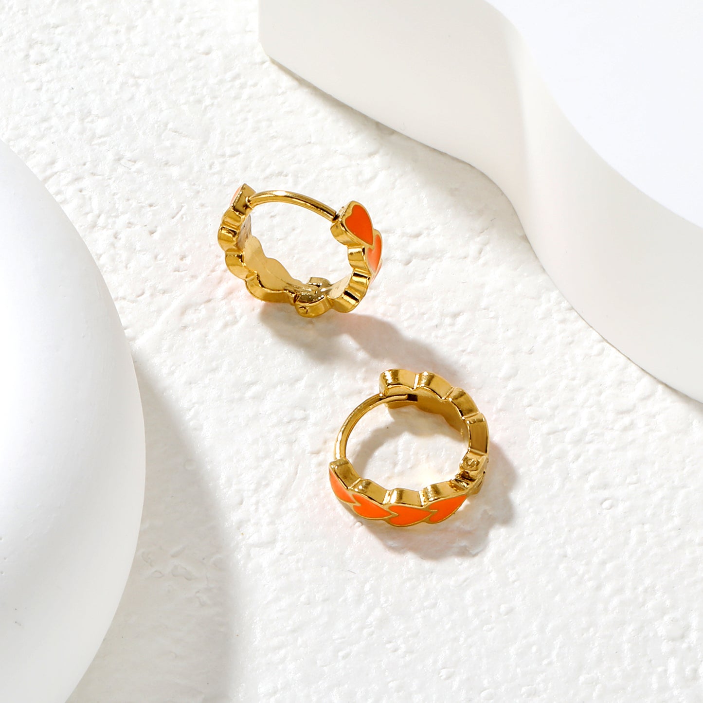 Bulk Dainty Enamel Heart Huggie Hoops PVD Gold Plated Waterproof Tarnish FreeHigh-resolution Lifestyle Photos_Orange