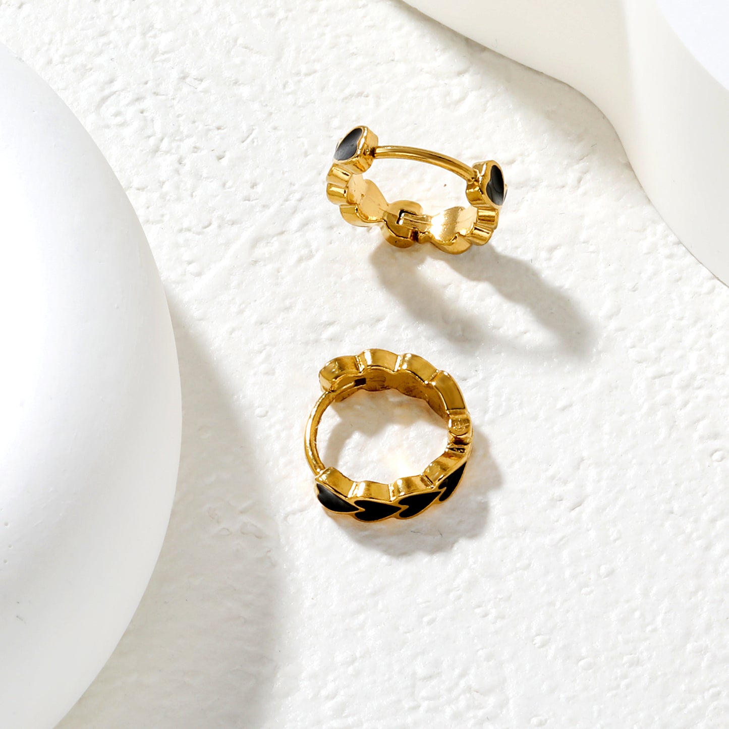 Bulk Dainty Enamel Heart Huggie Hoops PVD Gold Plated Waterproof Tarnish FreeHigh-resolution Lifestyle Photos_black