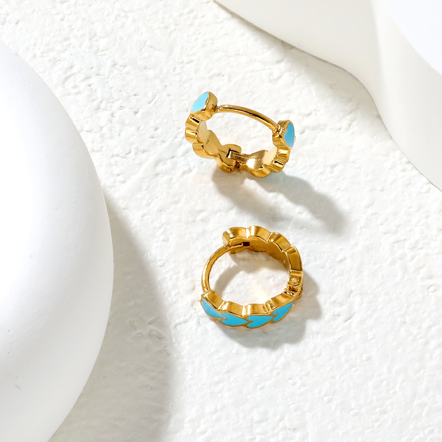 Bulk Dainty Enamel Heart Huggie Hoops PVD Gold Plated Waterproof Tarnish FreeHigh-resolution Lifestyle Photos_blue