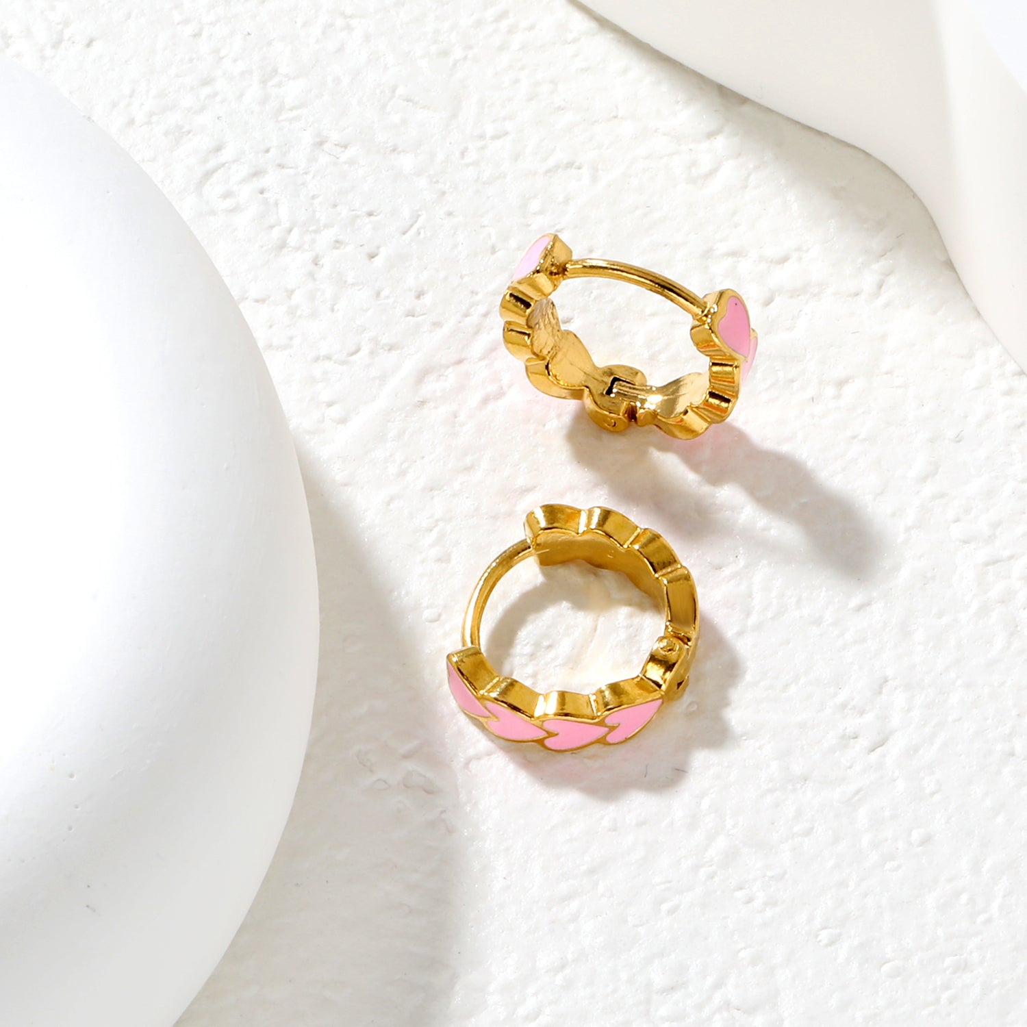 Bulk Dainty Enamel Heart Huggie Hoops PVD Gold Plated Waterproof Tarnish FreeHigh-resolution Lifestyle Photos_pink