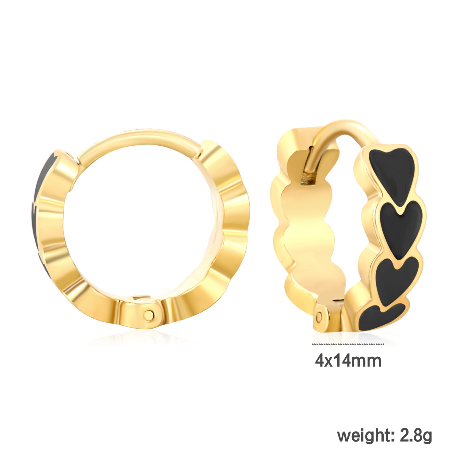 Bulk Dainty Enamel Heart Huggie Hoops PVD Gold Plated Waterproof Tarnish Freedimension diagram with measurements_black