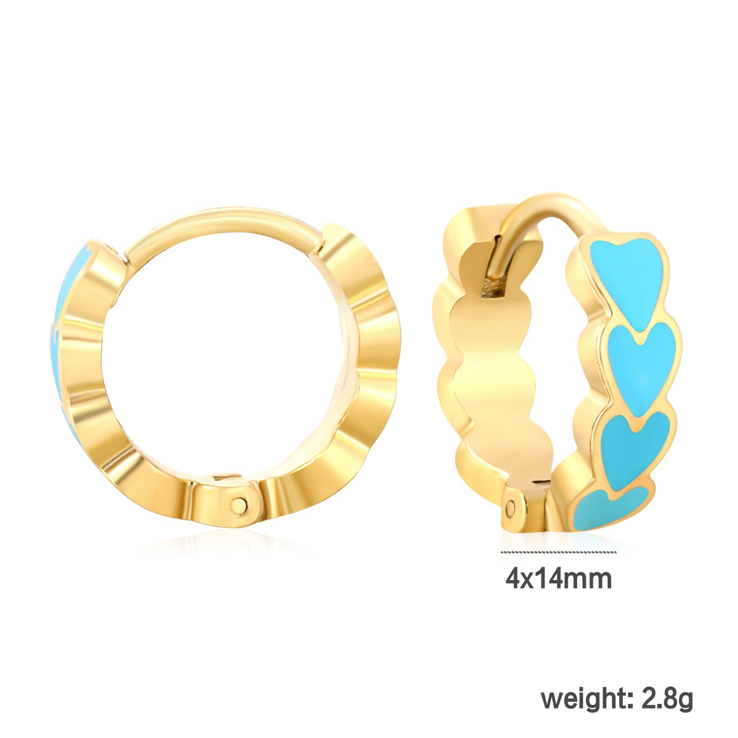 Bulk Dainty Enamel Heart Huggie Hoops PVD Gold Plated Waterproof Tarnish Freedimension diagram with measurements_blue