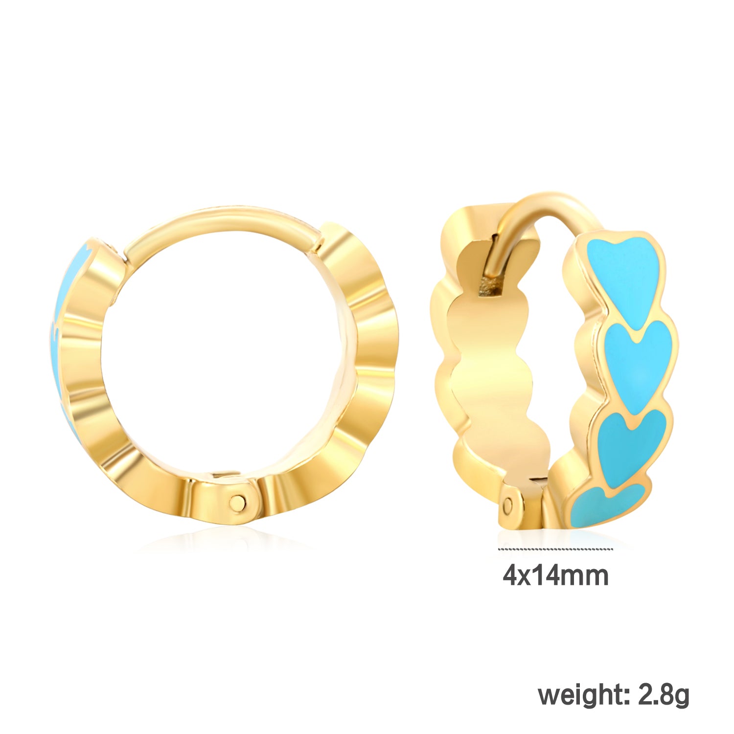 Bulk Dainty Enamel Heart Huggie Hoops PVD Gold Plated Waterproof Tarnish Freedimension diagram with measurements_blue