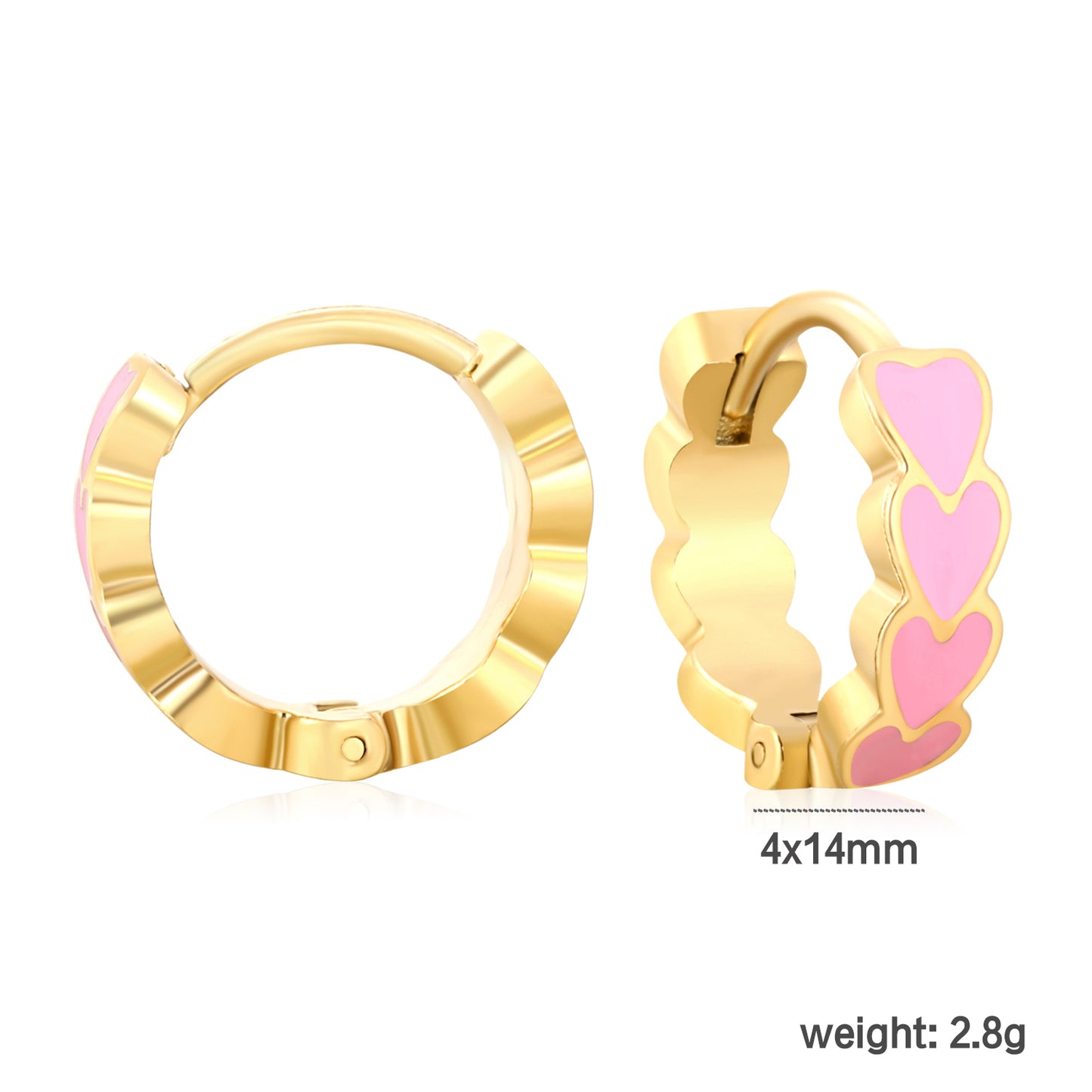 Bulk Dainty Enamel Heart Huggie Hoops PVD Gold Plated Waterproof Tarnish Freedimension diagram with measurements_pink