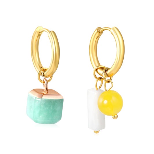 Bulk PVD Gold Asymmetric Natural Stone Charm Hoop EarringsHigh-resolution white background image
