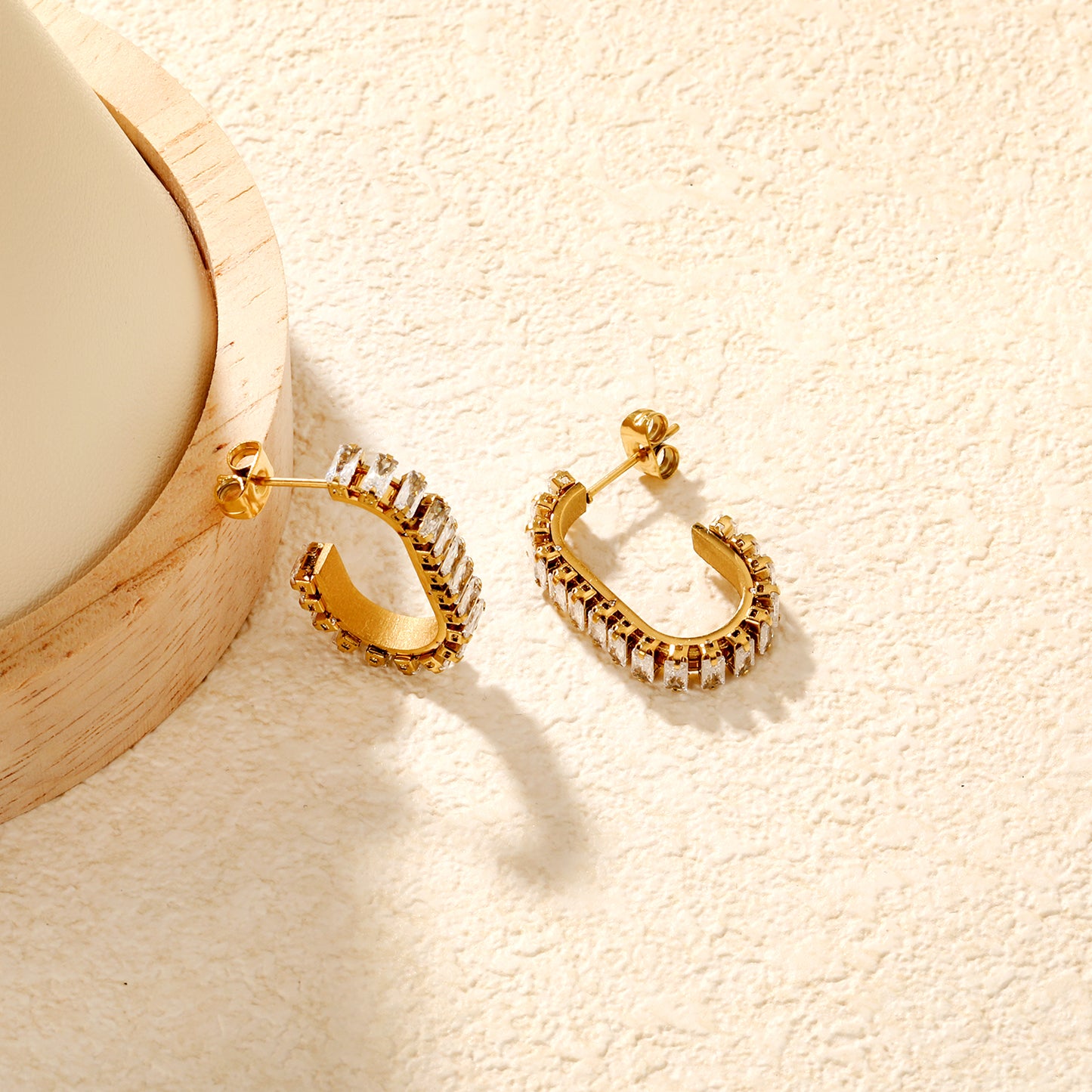 Bulk Waterproof 18K PVD Gold Plated Inside Out Pave C HoopsClose-ups of the gold plating and details