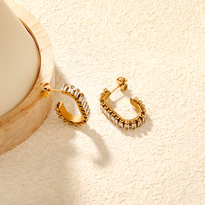 Bulk Waterproof 18K PVD Gold Plated Inside Out Pave C HoopsClose-ups of the gold plating and details