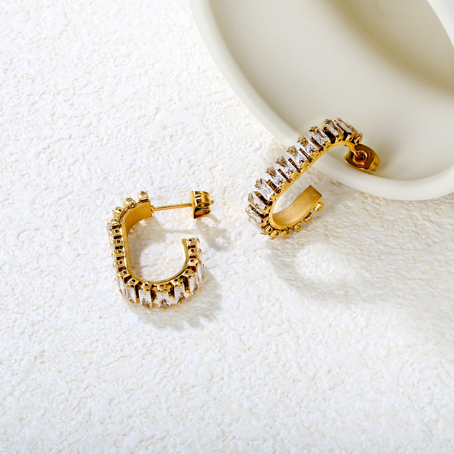 Bulk Waterproof 18K PVD Gold Plated Inside Out Pave C HoopsHigh-resolution Lifestyle Photos