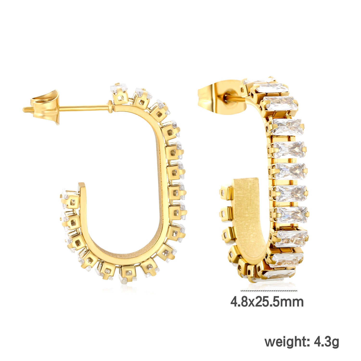 Bulk Waterproof 18K PVD Gold Plated Inside Out Pave C Hoopsdimension diagram with measurements