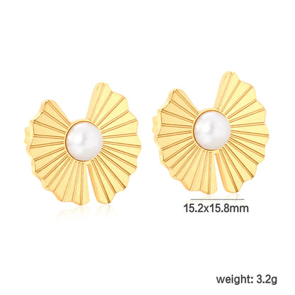 Bulk Waterproof PVD Gold Plated Fan Shape Pearl Stud EarringsDimension diagram