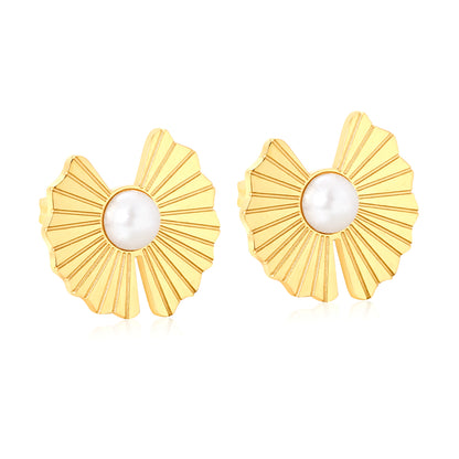 Bulk Waterproof PVD Gold Plated Fan Shape Pearl Stud EarringsHigh-resolution white background image