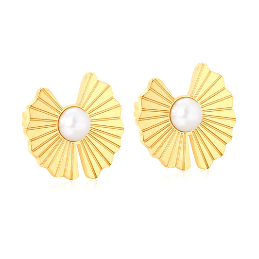 Bulk Waterproof PVD Gold Plated Fan Shape Pearl Stud EarringsHigh-resolution white background image