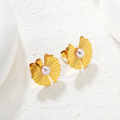 Bulk Waterproof PVD Gold Plated Fan Shape Pearl Stud EarringsLight-colored scene image