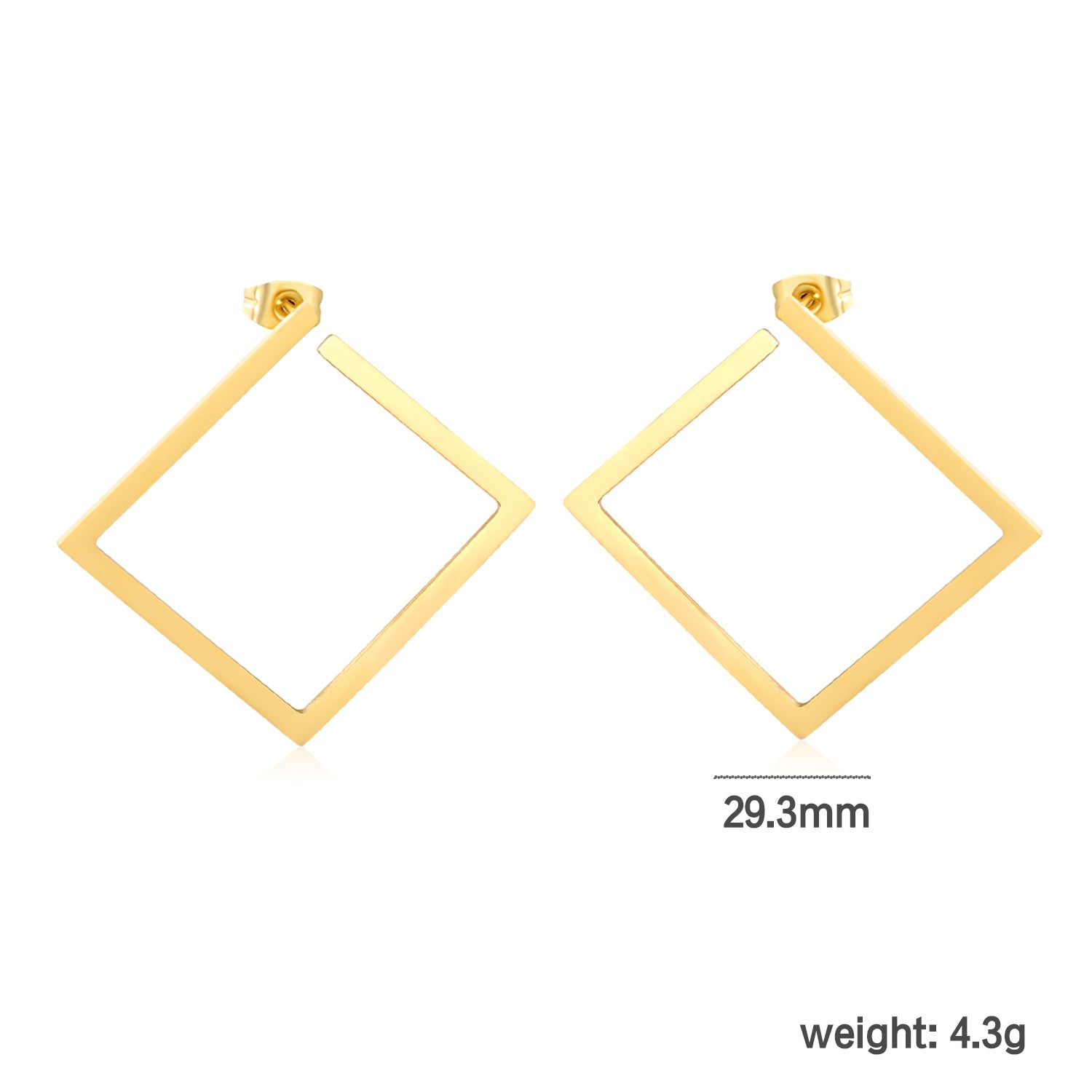 Bulk Waterproof PVD Gold Plated Minimalist Square Frame Studsdimension diagram with measurements