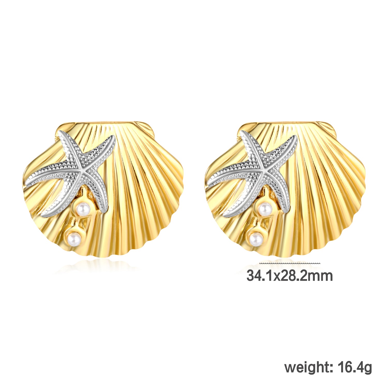 Bulk Waterproof PVD Gold Plated Starfish Seashell Pearl StudsDimension diagram