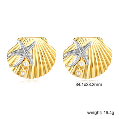 Bulk Waterproof PVD Gold Plated Starfish Seashell Pearl StudsDimension diagram