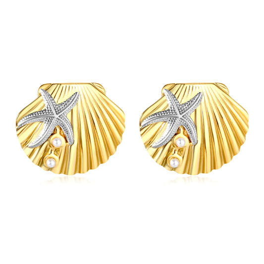 Bulk Waterproof PVD Gold Plated Starfish Seashell Pearl StudsHigh-resolution white background image