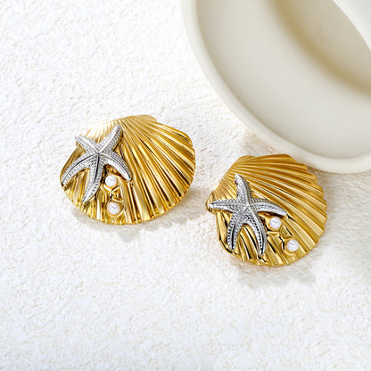 Bulk Waterproof PVD Gold Plated Starfish Seashell Pearl StudsLight-colored scene image