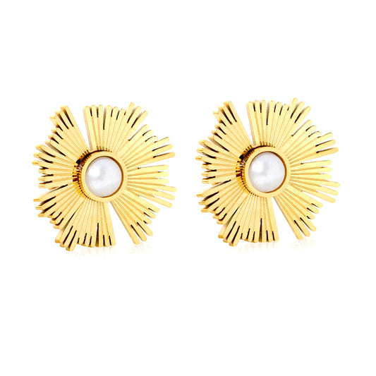 Bulk Waterproof PVD Gold Plated Sunburst Pearl Stud EarringsHigh-resolution on white background