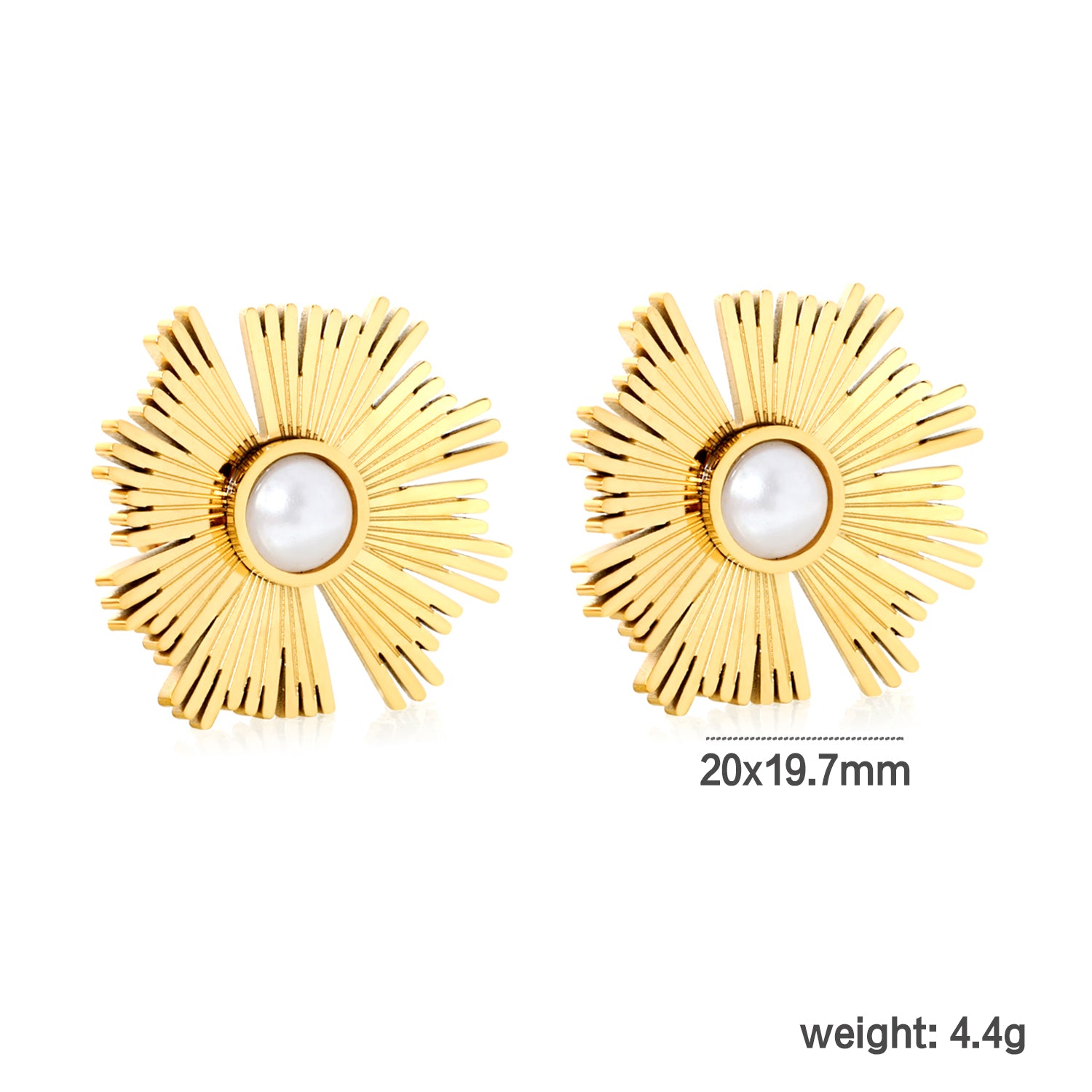 Bulk Waterproof PVD Gold Plated Sunburst Pearl Stud Earringsdimension diagram with measurements