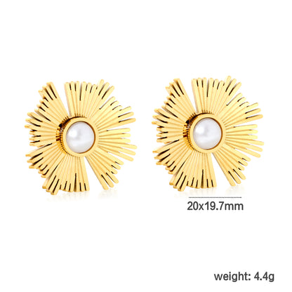 Bulk Waterproof PVD Gold Plated Sunburst Pearl Stud Earringsdimension diagram with measurements